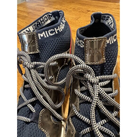 MICHAEL KORS Hilda Knit Sock Leather Wedge Sneaker Trainer Navy Silver Red 6.5 - Picture 10 of 10